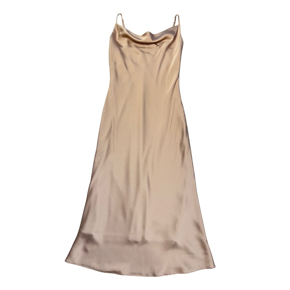 Birdy Grey Champagne Satin Cowl Neck Bridesmaid Formal Midi Slip Dress Size M